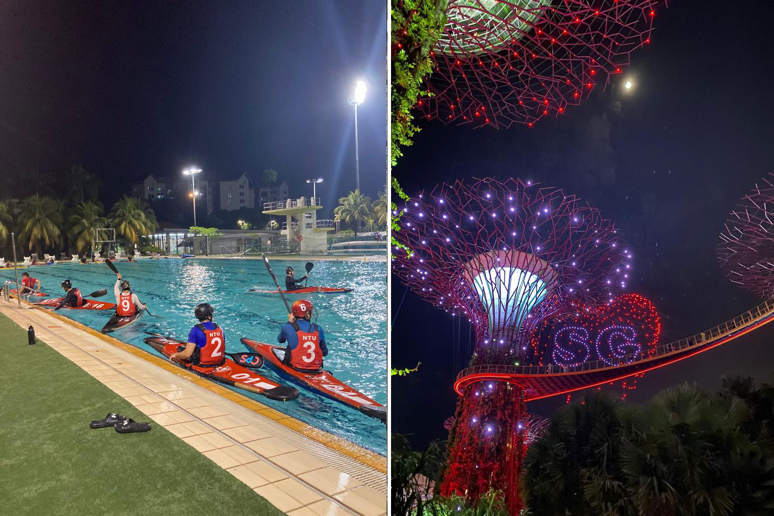 Singapur: links Campus Sport, rechts Licht Show im Garten der Bucht