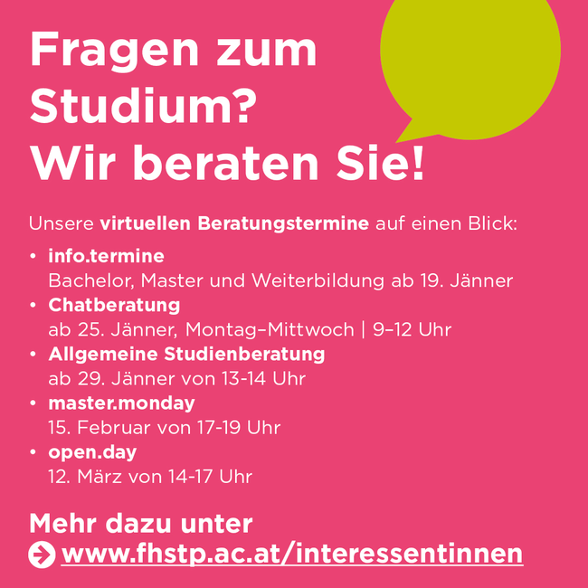 Grafik mit Text: Fragen zum Studium? Wir beraten Sie gerne! Termine, die auch über die verlinkte Seite zu finden sind. 