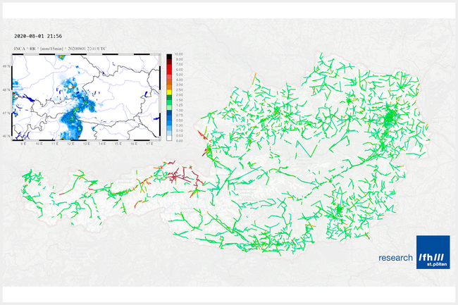 Österreichkarte, auf denen Signaldämpfungen (grüne und roten Strichen) und Gewitterwolken (kleines eingefügtes Bild mit blauen Wolken) zu sehen sind. Man erkennt dabei, dass diese Übereinstimmung noch längst nicht perfekt ist. Das ist in dieser frühen Projektphase aber auch noch nicht zu erwarten.