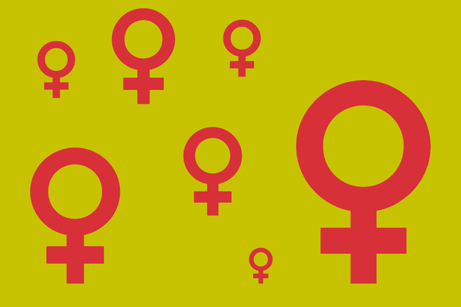 Mehrere Frauensymbole in Rot auf einem gelben Hintergrund