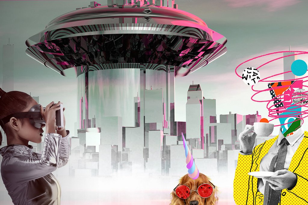 Collage: Im Hintergrund eine futuristisch aussehende Stadt, im Vordergrund links eine Frau mit silbernem Anzug und Virtual Reality Brille