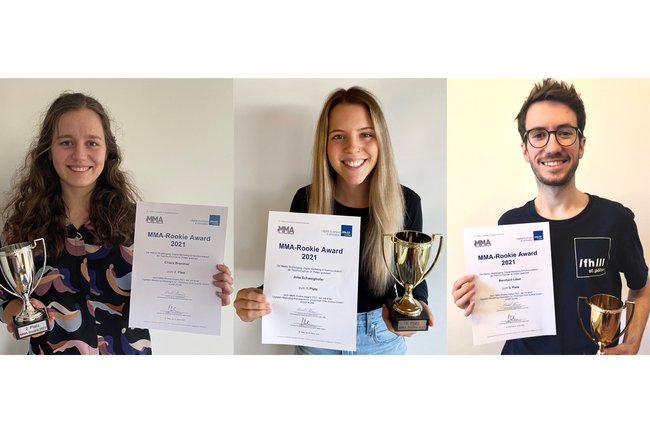 Die Gewinner*innen des diesjährigen MMA Rookie Award für digitale Sicherheit beim Online-Shopping, Chiara Brammer, Julia Schweighofer und Bernhard Laber (v.l.n.r.)