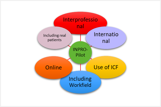 Grafik: In der Mitte steht INPRO-Pilot, darum herum die Wörter: Interprofessional, International, USE of ICF, Including Workfield, Online, Including real patients