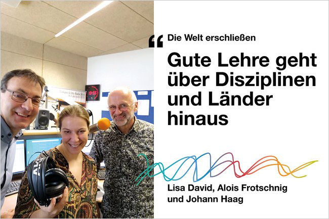 Foto im Radiostudio der FH mit Johann Haag, Lisa David und Alois Frotschnig