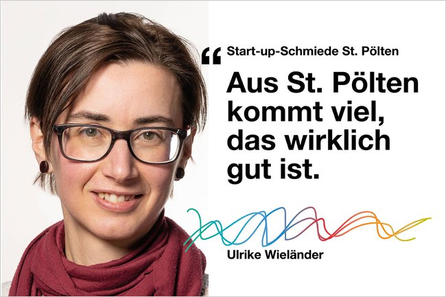 Podcast Cover mit Text: Start-up-Schmiede St. Pölten: Aus St. Pölten kommt viel, das wirklich gut ist. Ulrike Wieländer