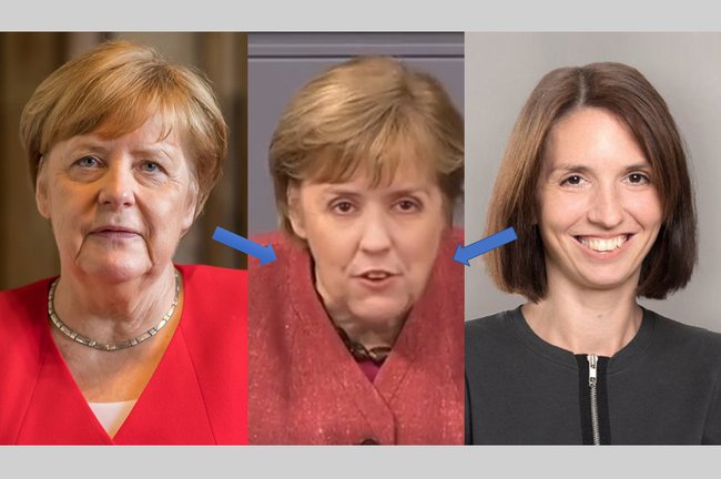 Copyright: Bild links: Raimond Spekking; Bild Mitte: Deepfake erstellt von Studierenden der FH St. Pölten - Basis: "Notbremse - Bundeskanzlerin Angela Merkel im Bundestag am 16.04.21" https://www.youtube.com/watch?v=gJbcyaw38Yo (phoenix.online) und Bildmaterial von Marlies Temper (FH St. Pölten); Bild rechts: FH St. Pölten Deepfake: Das Gesicht der Data Science Studiengangsleiterin Marlies Temper auf den Körper der deutschen Kanzlerin Angela Merkel
