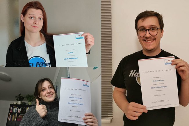 Lea Wall, Hannah Steinberger und Andreas Kruisz, Teilnehmer der Weiterbildung zum*zur COVID-19-Beauftragten mit Zertifikat